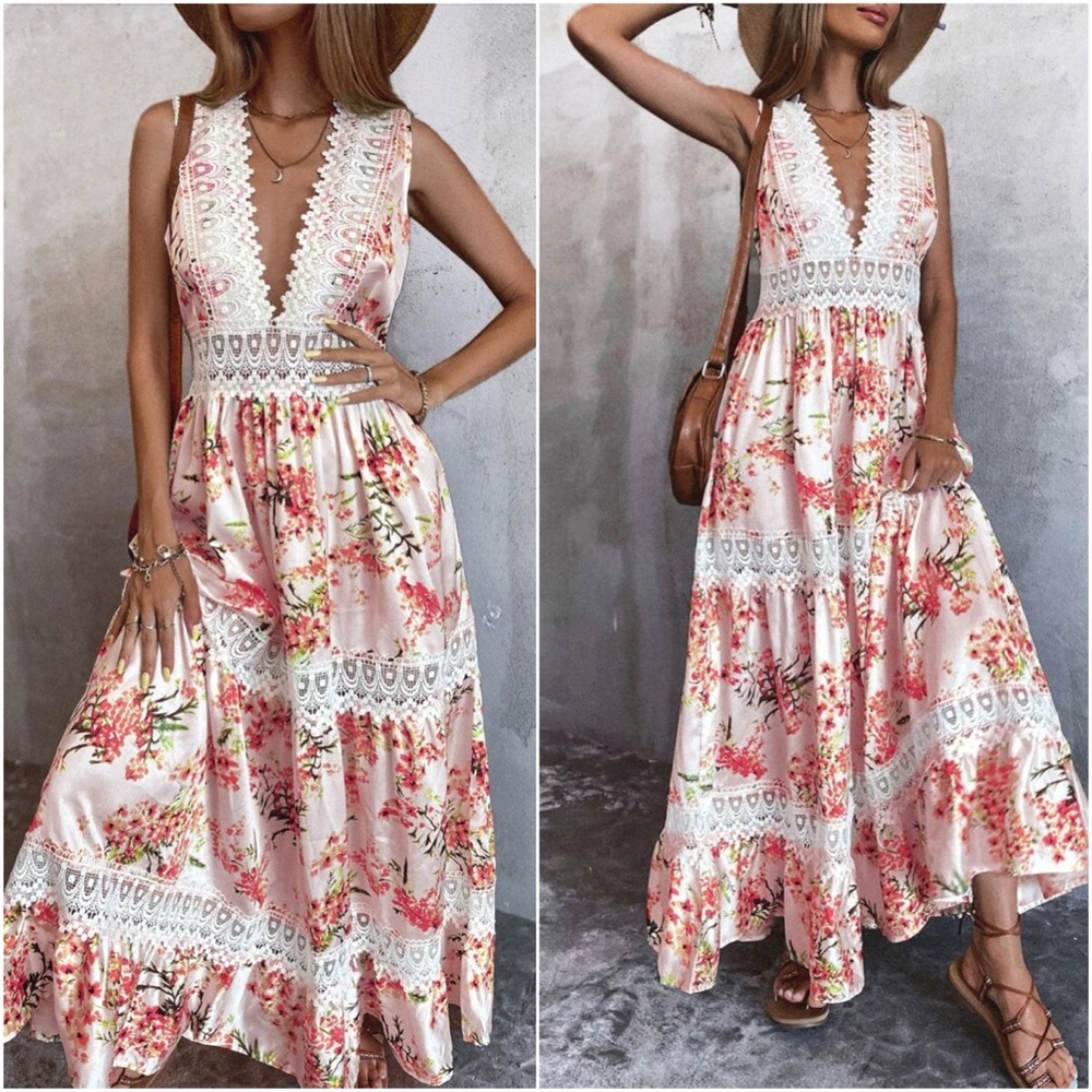 Boho Lace V neck Ruffle Maxi Dress Sleeveless - Picture 5 of 6